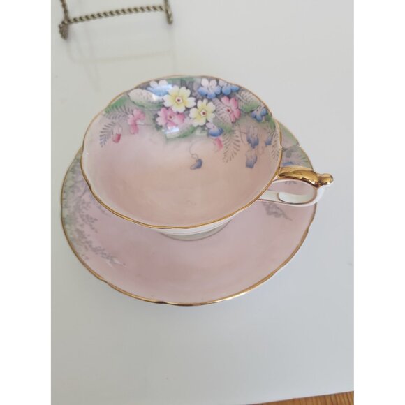 Paragon Tea Cup and Saucer Set Pink Floral Landscape with Birch Trees 1940's - Picture 14 of 14